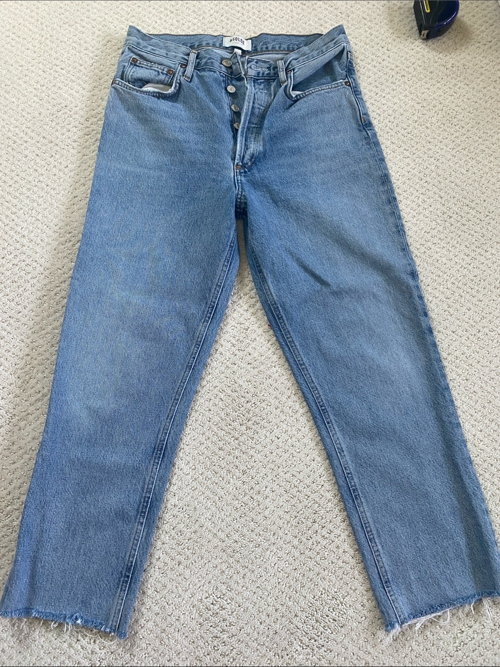 Agolde High-Rise Button-Fly Straight Leg Jeans in Light Blue, 27